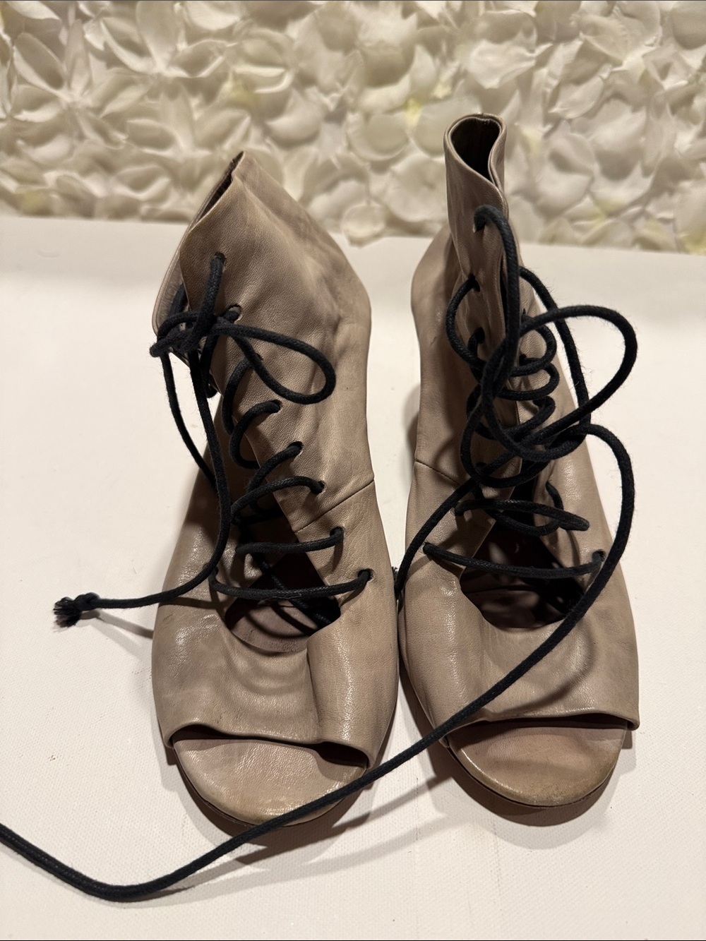 Marsell Taupe Lace-Up Open-Toe Ankle Heels with Black Laces
